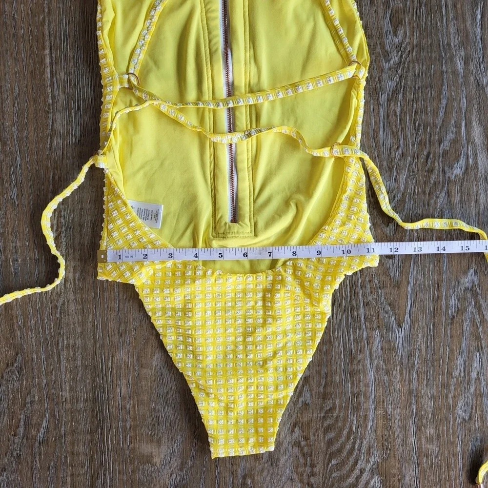 Blue Life Yellow Gingham Textured Zip Front One Piece Swimsuit Small Tie Back